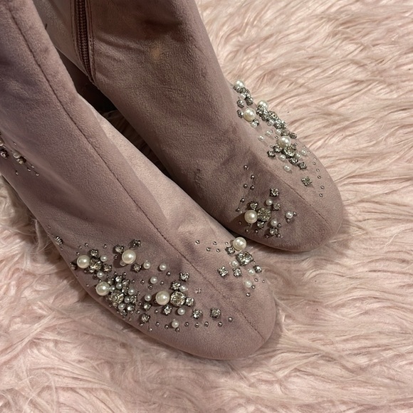 Zara Bejeweled Pink Velvet Zip Front Booties - Picture 6 of 12